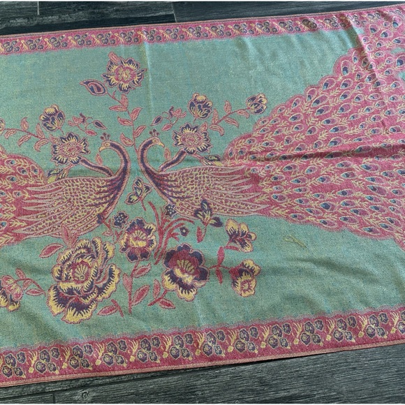 Peacock Reversible Pashmina Silk Large   Scarf Wrap Shawl Pink Mint - Picture 6 of 15